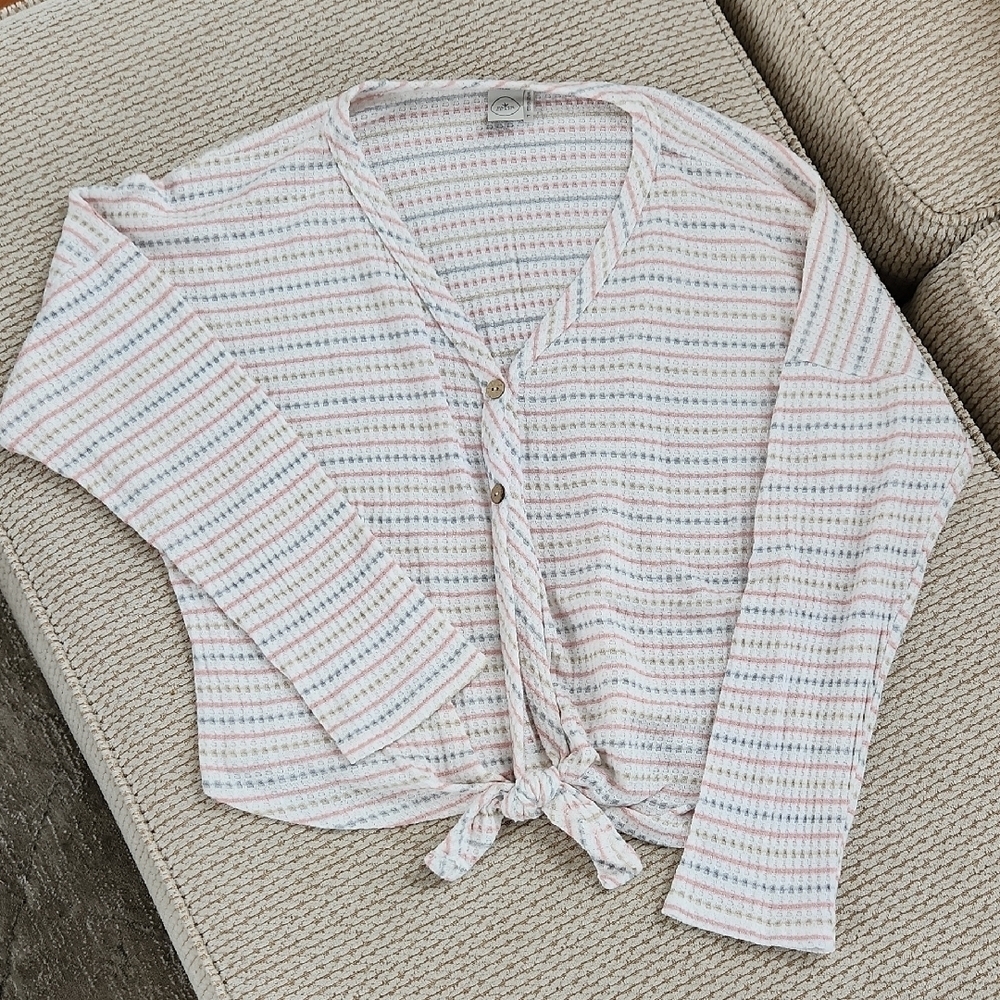Striped Button-Down Tie-Front Top, Large